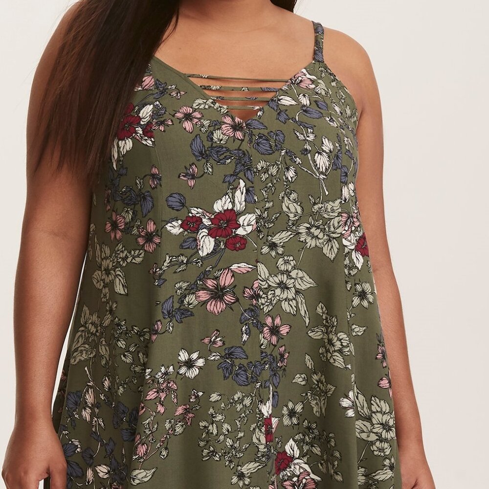 TORRID GOTH BOHO OLIVE FLORAL CHALLIS SLIP DRESS BEACH PARTY GYPSY 1X 14 16 NWOT